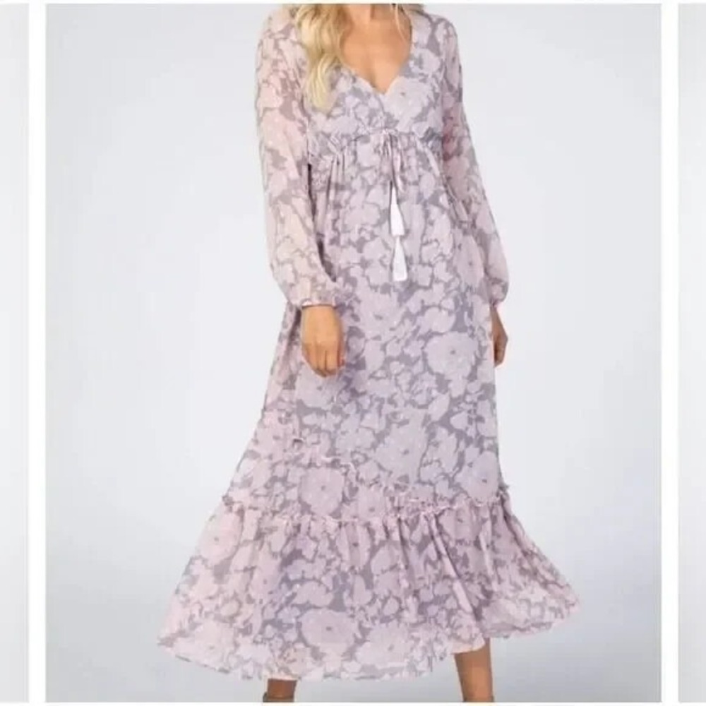 NEW! Lovestitch PinkBlush Womens Small Pink Gray Floral Long Swiss Maxi Dress
